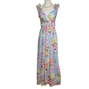 Jessica Howard Maxi Ruffled Shoulder Floral Dress in  Blue & Pink. SZ: 4/P